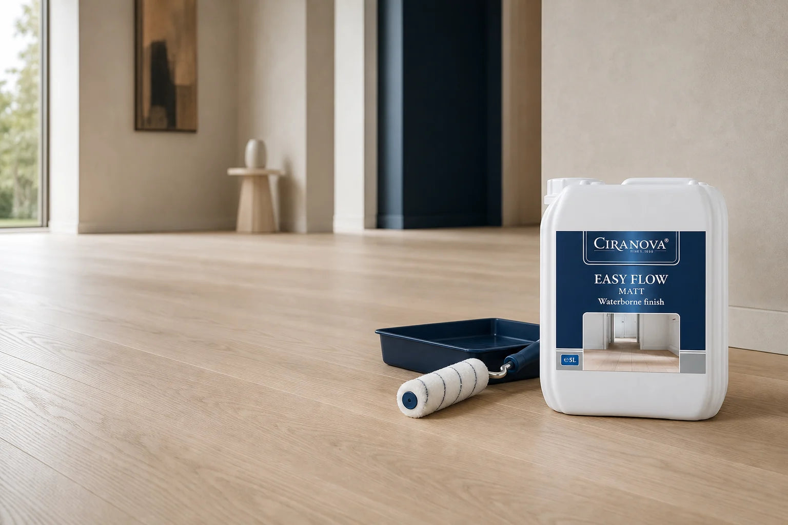 Ciranova Easy Flow beside a professional roller on a clear matte natural oak floor