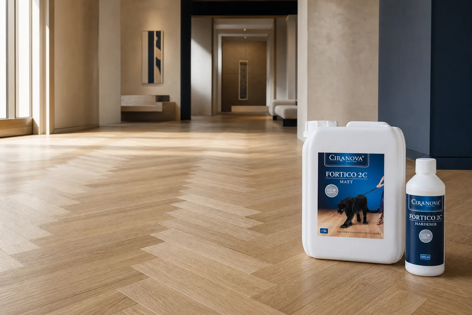 Ciranova Fortico 2C and hardener on a matte natural oak herringbone floor