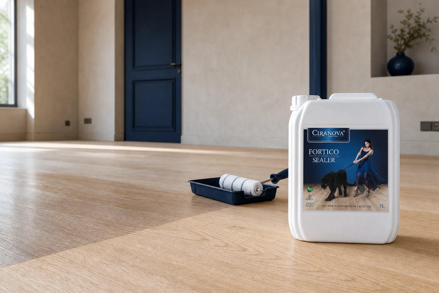 Ciranova Fortico Sealer primer beside a freshly prepared natural oak floor
