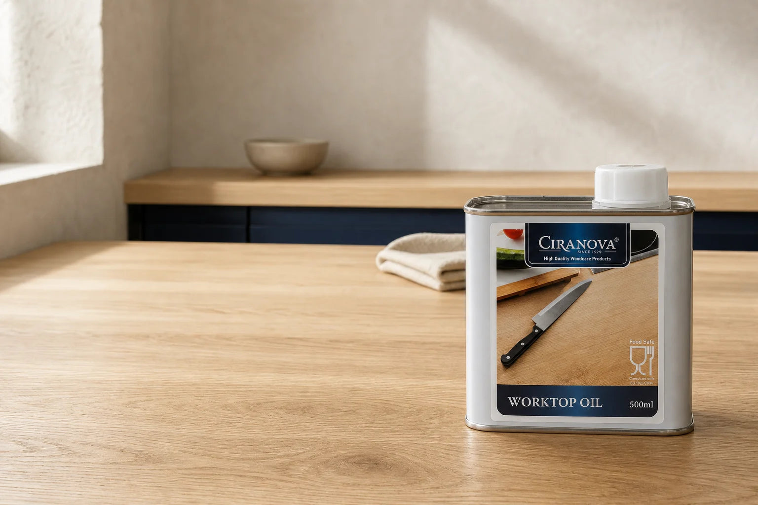 Ciranova Worktop Oil on a newly oiled natural oak kitchen worktop
